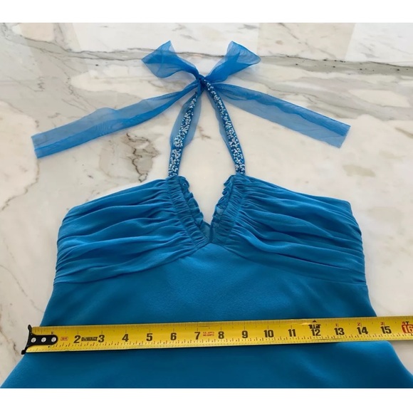 BCBG BLUE SILK EMBELLISHED HALTER TOP SIZE SMALL - Picture 12 of 14